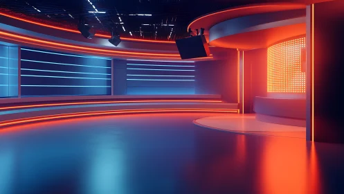 Futuristic TV studio set with neon orange and blue lighting.