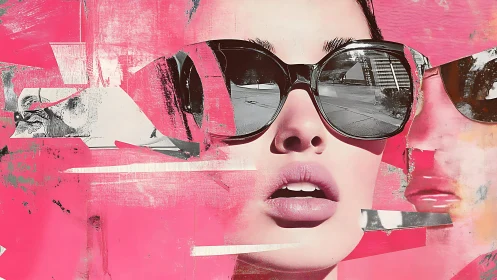 Layered pink collage portrait integrates urban reflections and gloss