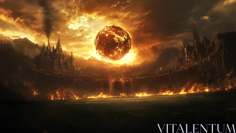 Fiery celestial sphere over a burning gothic fortress.