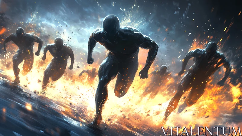 Silhouetted humanoid figures running through fire and smoke.