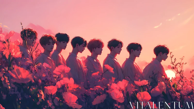 Digital painting of silhouetted youth line amid sunset florals.