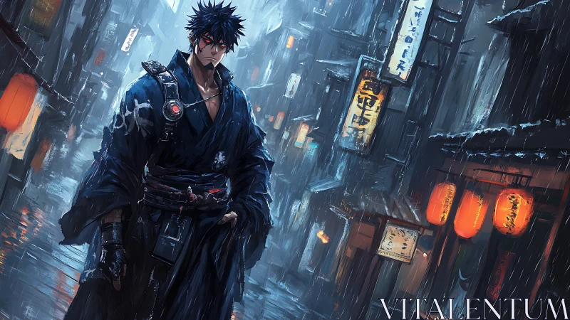 Neo-samurai warrior in rain-soaked cyberpunk alleyway.