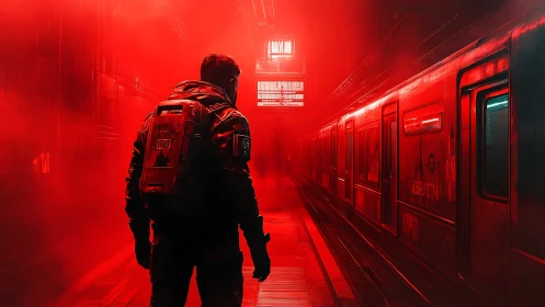 Lone wanderer confronts a neon red subway in dystopian fog