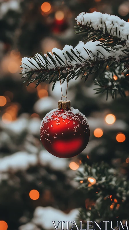 Red ornament hanging on snow covered evergreen branch outdoors.