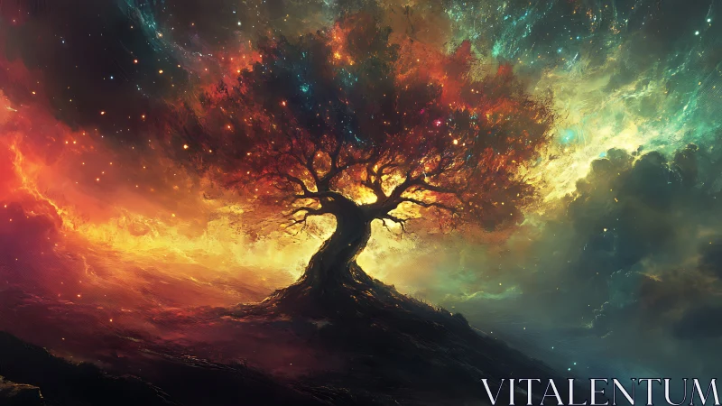 Solitary tree against vivid cosmic sky on dark ridge.