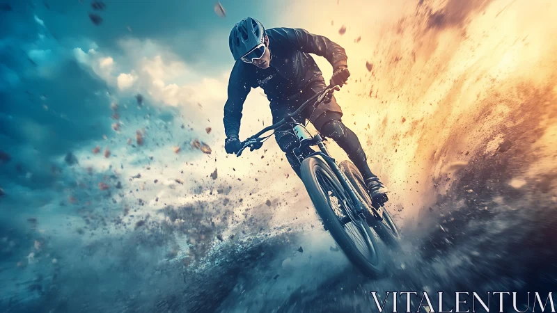 Mountain biker executing aerial maneuver with dust dispersal.