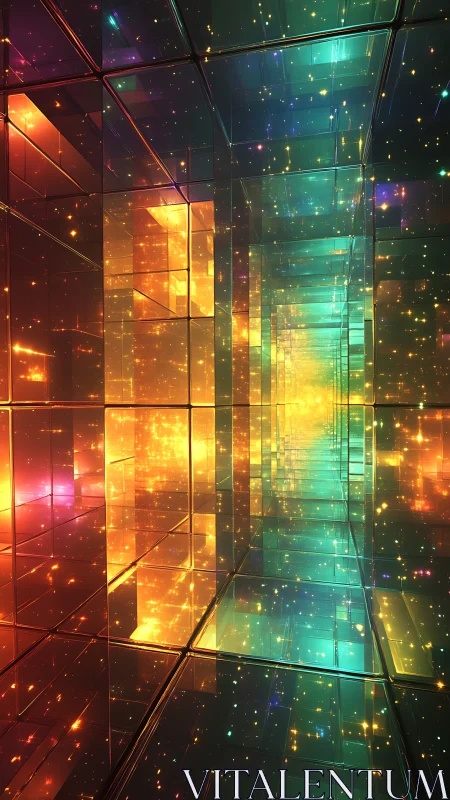 Prismatic light tunnel unfolds through mirrored glass corridors.