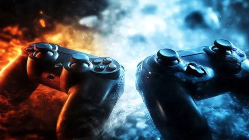 Dual game controllers in fiery orange and icy blue energy field