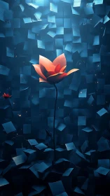Luminous red flower rising amid abstract blue cubes.