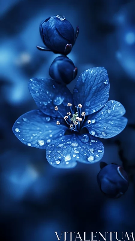 Cerulean Blossom with Dewdrops: Macro Photography.