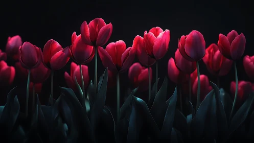 Red Tulips Against Black: High-Contrast Floral Study With Dramatic Backlighting