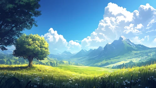 Sunlit valley landscape under towering summer clouds.