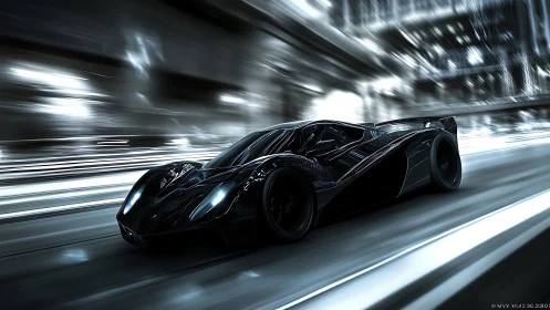 Black hypercar racing through futuristic city tunnel at night.