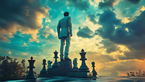 Businessman silhouette elevated on chess pieces against dramatically lit sky. Strategic ascendance c