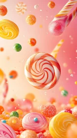 Candy Fantasy: Floating Lollipops and Sugar Spheres. 3D Digital Art.
