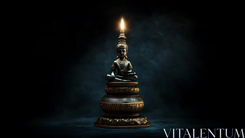 Bronze Buddha oil lamp rendered with high-contrast volumetric lighting
