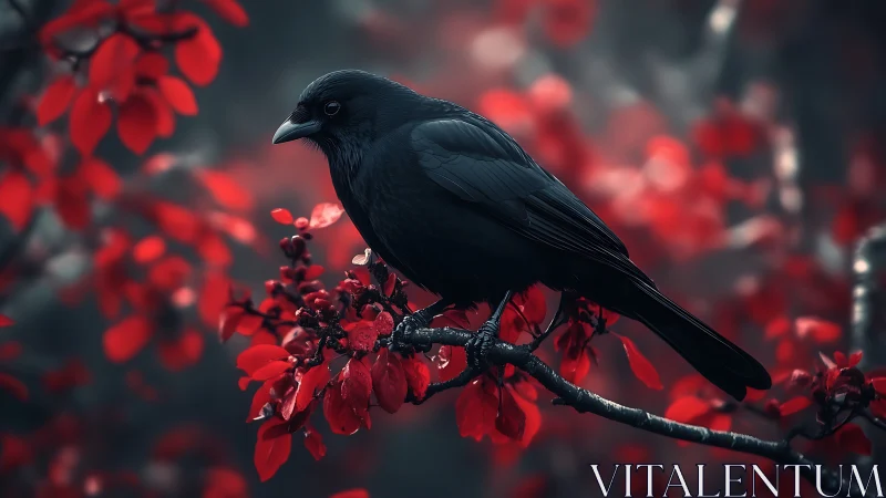 Black corvid perched on red flowering branch with atmospheric bokeh depth