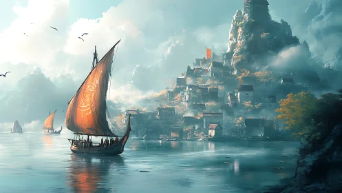 Cinematic coastal fortress city with rune-sailed vessel in misty light