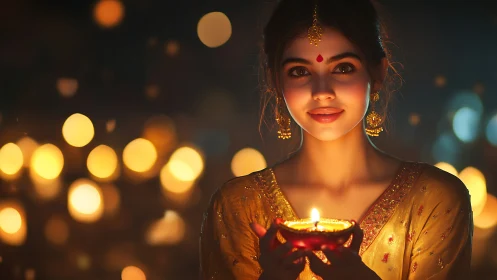 Woman in Traditional Attire Holding Diya, Warm Festive Portrait.