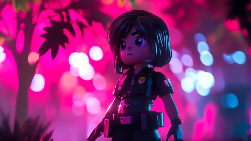 Toy-scale tactical officer in neon volumetric jungle night.