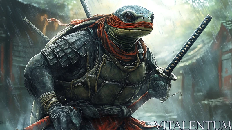 Armored turtle warrior holding katanas in rainy street.