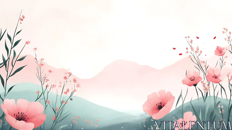 Minimal floral landscape with stylized hills and poppy flowers.