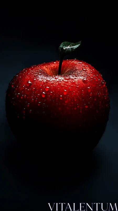 Dew-covered red apple isolated against dark background.