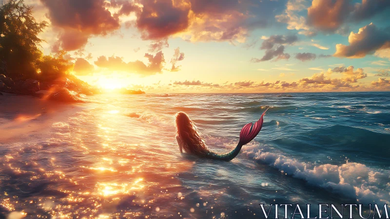 Golden sunset bathes a lone mermaid in shimmering surf