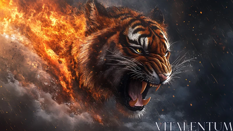 Flaming tiger head erupts through storm clouds in dynamic roar.