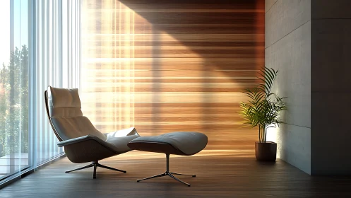 Minimalist lounge interior with 3D daylight rendering focus.