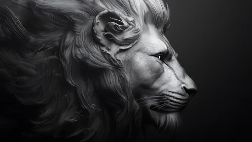 Monochrome profile of stylized lion head in detail.