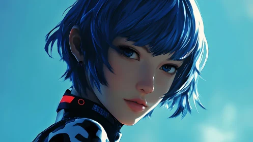 Futuristic blue‑haired portrait renders luminous cybernetic gaze