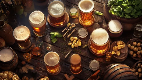 Golden craft beer gathering on rustic wooden table.