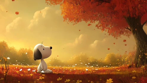 Gentle dog enjoys a golden autumn afternoon under warm skies