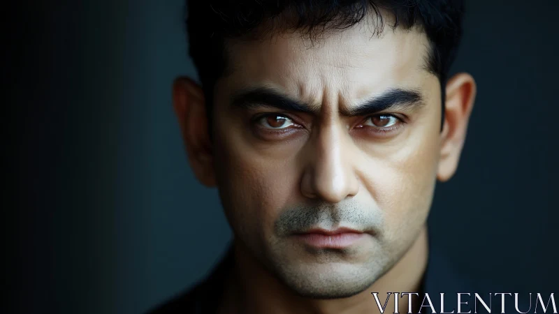 Intense male portrait with sharp gaze and moody lighting.