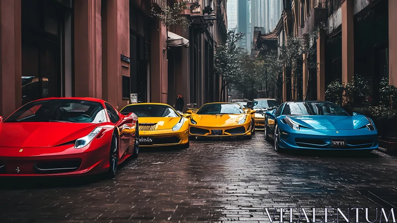 Supercar lineup in narrow city alley with vibrant colors.
