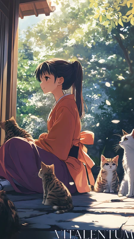 Young robed figure sits with multiple cats in forest light
