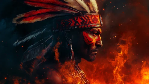 Fiery warrior profile crowned in vivid red ceremonial feathers.