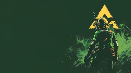 Heroic green-clad adventurer gazes toward a golden emblem