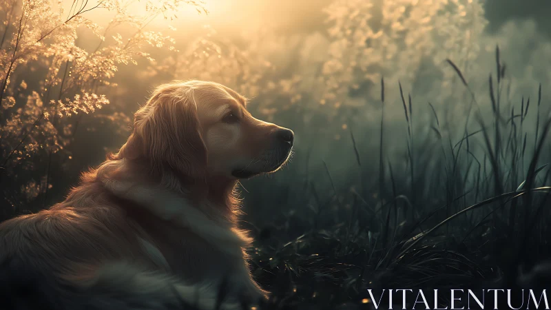 Golden retriever rests in dreamy sunset meadow glow