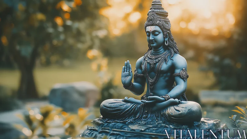 Serene Shiva statue meditates in warm golden garden light