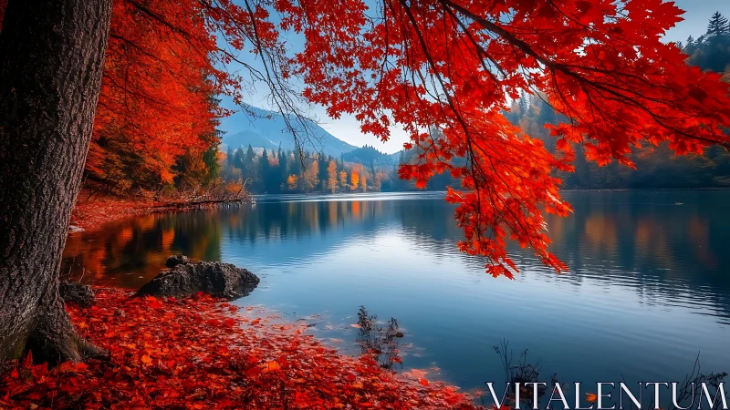 Crimson autumn trees curling gently around a still blue lake.