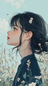 Profile portrait shows serene girl standing in soft wildflower field