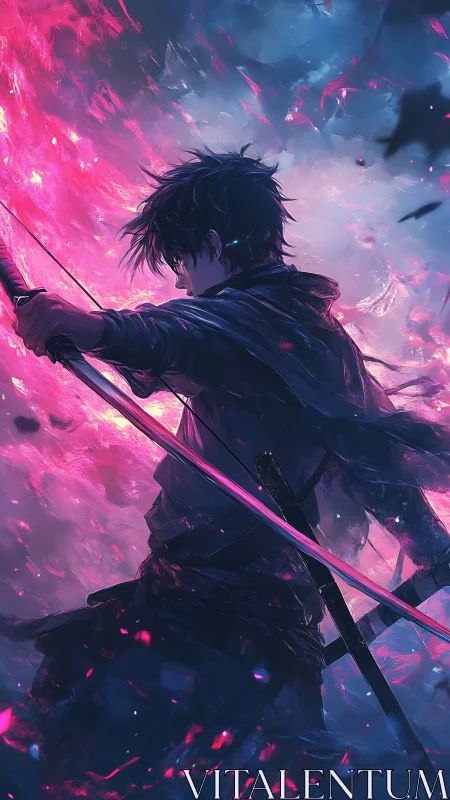 Dynamic side-lit archer channels magenta energy in turbulent vortex