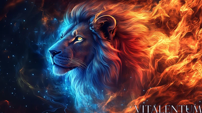 Lion profile in blue and orange cosmic fire portrait.