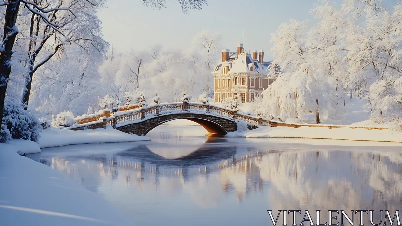 Photorealistic winter bridge and manor with mirrored river symmetry.