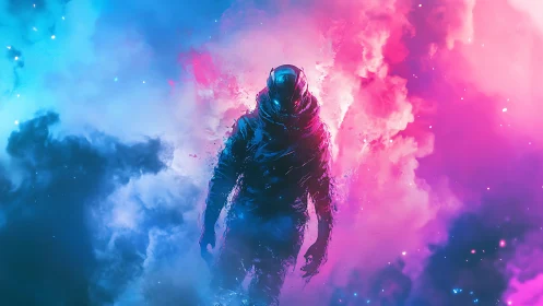 Silhouetted astronaut amid blue and magenta nebular clouds.