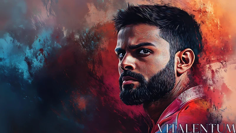 Intense bearded portrait emerges from vivid abstract colors.