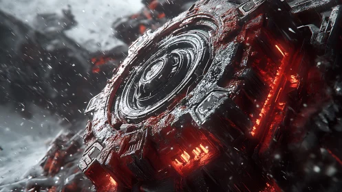 Molten mechanical gear core rotates amid falling snow