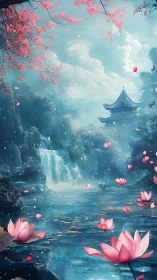 Pagoda, waterfall, and lotus pond occupy vertical fantasy scene